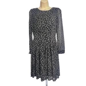 Cat Print Dress Womens Large Black Sheer Sleeves Lined Modest Whimsical Maya